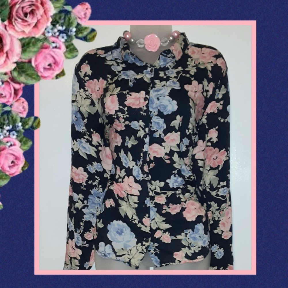 H&M Blue & Pink Floral Button Down Blouse Size 14